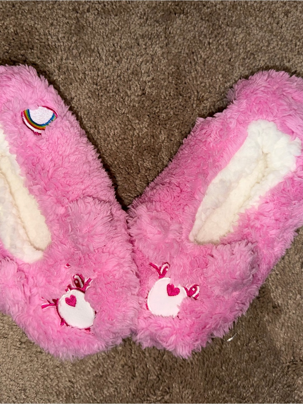 Care Bears Pink Fuzzy Slipper Socks with Heart Tag